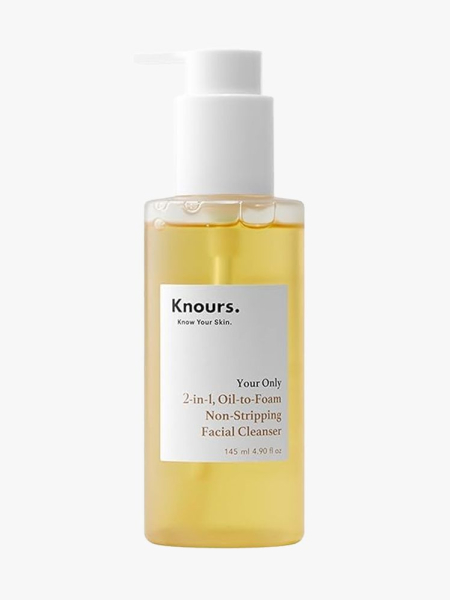 Knours 2-in-1 Oil-to-Foam Non-Stripping Facial Cleanser in branded component on a light gray background